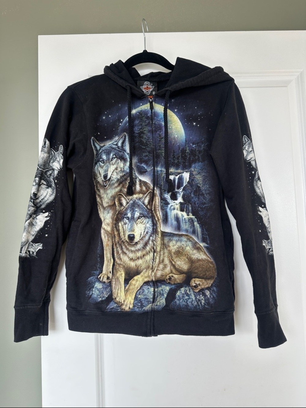 Black Zip-Up Hoodie with Wolf Graphic